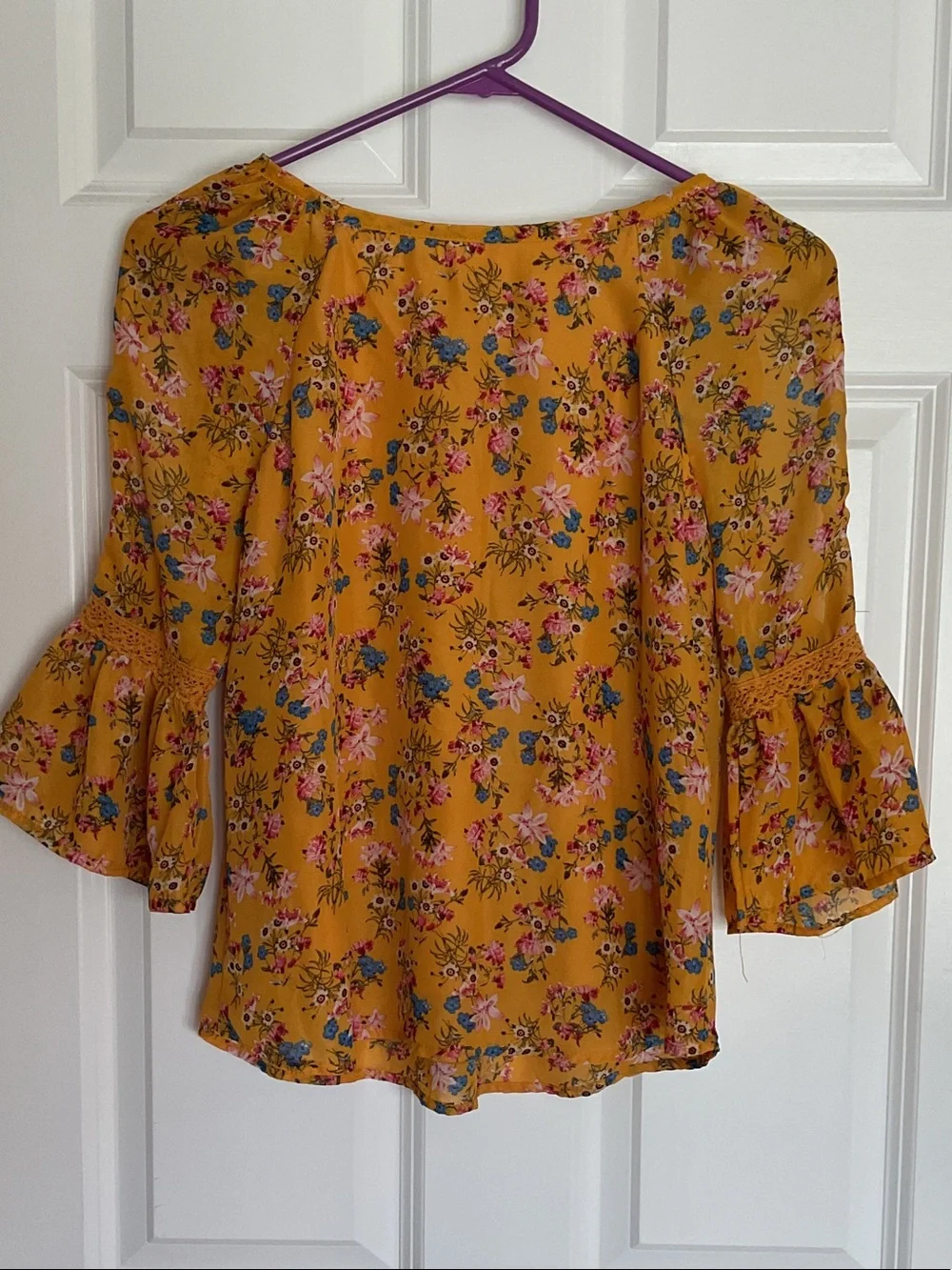 Knitworks Mustard Floral Cold-Shoulder Blouse